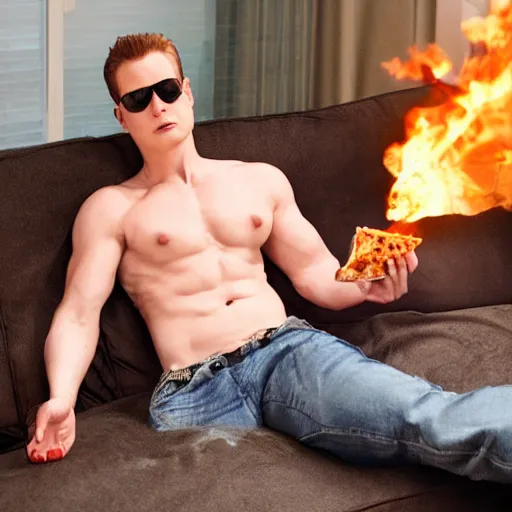 Image similar to Albert Wesker eating pizza on the couch, relaxed, photograph