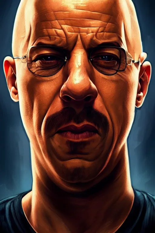 Image similar to vin diesel as walter white, realistic portrait, symmetrical, highly detailed, digital painting, artstation, concept art, smooth, sharp focus, illustration, cinematic lighting, art by artgerm and greg rutkowski and alphonse mucha