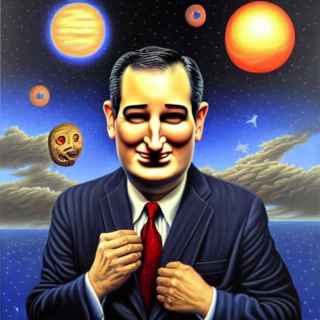 Prompt: an oil on canvas portrait painting of ted cruz, surrealism, surrealist, cosmic horror, rob gonsalves, high detail