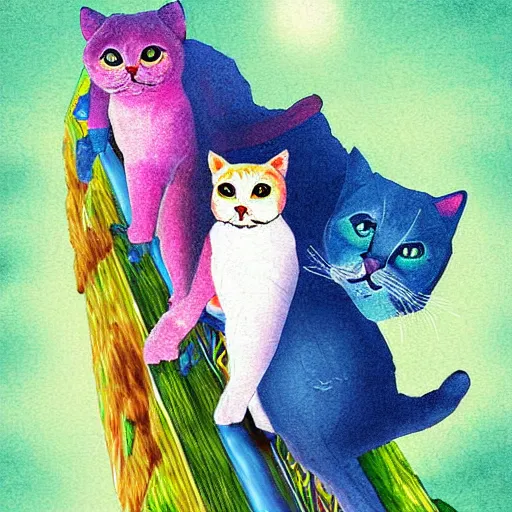 Prompt: cats climbing a mountain, digital art, colorful