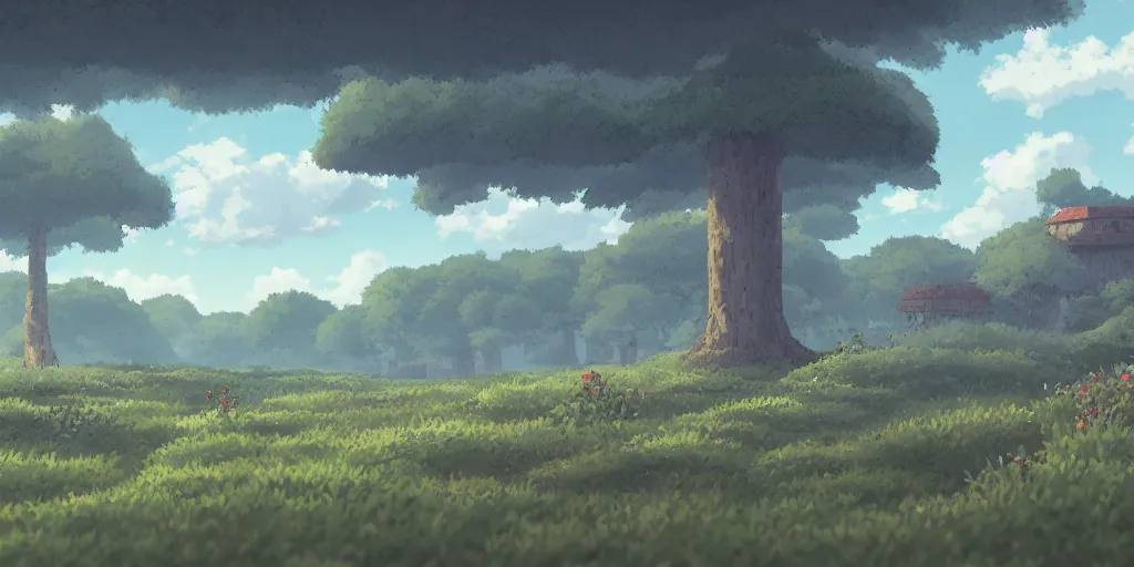 Image similar to landscape, morning, quiet, no people, Ghibli, Anime Background, Miyazaki Hayao, concept art, illustration,smooth, sharp focus, intricate, super wide angle, trending on artstation, trending on deviantart, pixelart