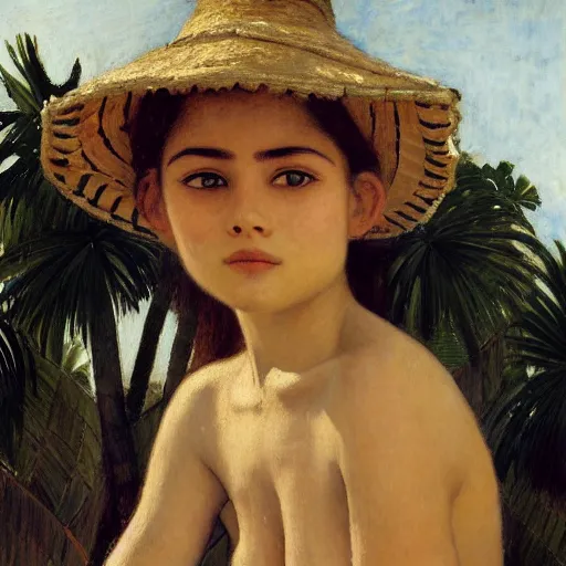 Image similar to a ultradetailed beautiful painting of a girl in the amazonas palace balustrade designed by jules bastien - lepage, tarsila do amaral, frank weston and gustave baumann, beach, trending on artstation, mediterranean, palm trees, detailed face, sharp focus, soft light, 8 k 4 k