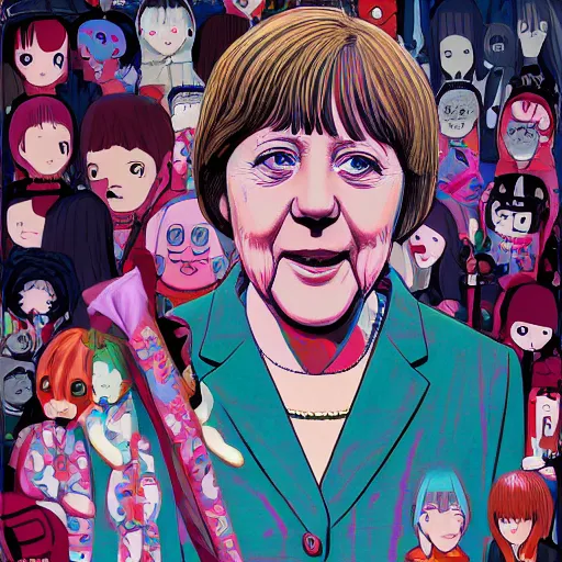 Image similar to full view of angela merkel from serial experiments lain, style of yoshii chie and hikari shimoda and martine johanna, highly detailed