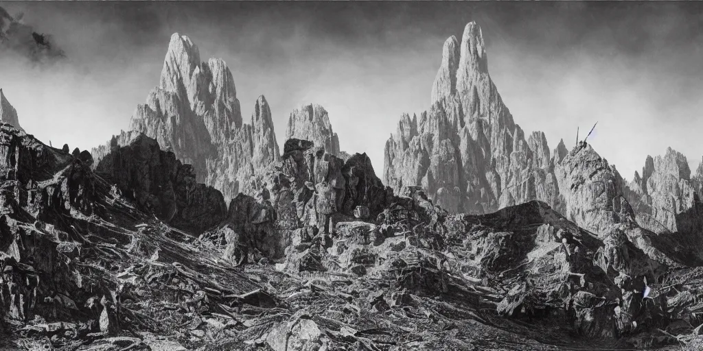 Image similar to 1920s photography of witch burning, dolomites in the background, occult signs, witch burning, pyre, solstice fire, alp, dolomites, alpine, detailed intricate insanely detailed octane render, 8k artistic 1920s photography, photorealistic, black and white, chiaroscuro, hd, by David Cronenberg, Raphael, Caravaggio