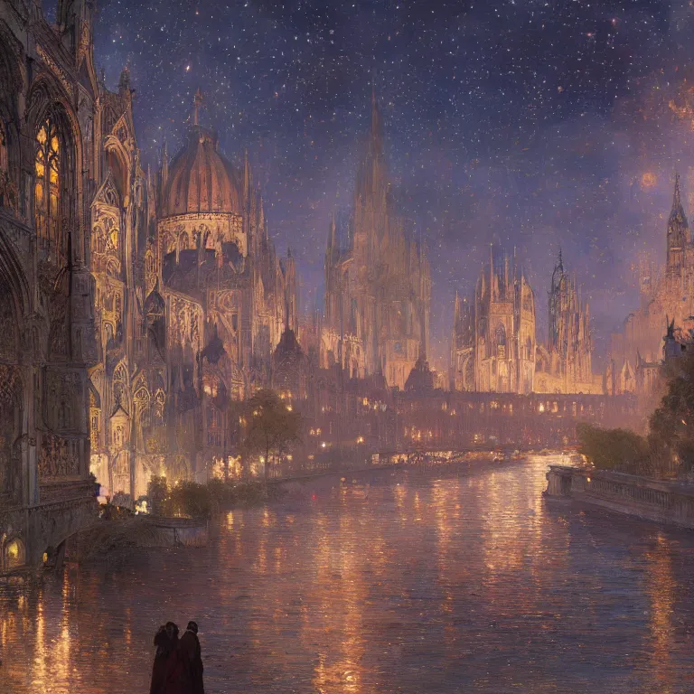 Image similar to a beautiful painting of the view from the river of ancient london cathedrals, at night with a sky full of stars, intricate, elegant, highly detailed, digital painting, artstation, concept art, by krenz cushart and artem demura and alphonse mucha