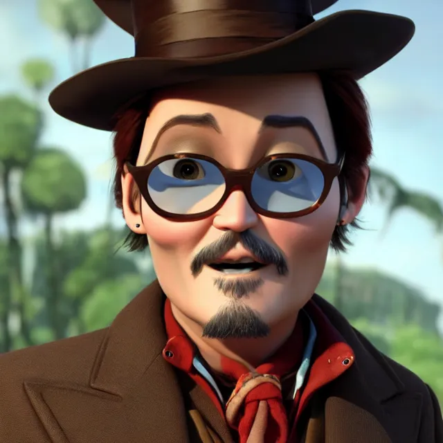 Image similar to johnny depp as a pixar disney character from up 2 0 0 9 unreal engine octane render 3 d render photorealistic