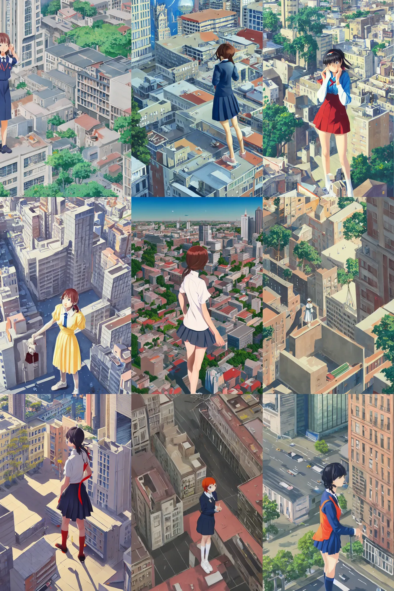 Image similar to a cute giantess wearing school uniform standing in the city which seem small, bird's eye view, gouache, 8 k wallpaper, strong brush stroke, very high detailed, sharp focus, illustration, morandi color scheme, art station, by shinkai makoto