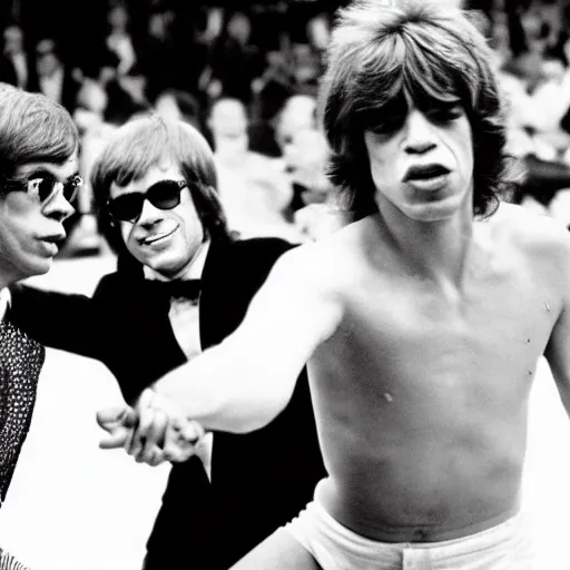 Image similar to Mick Jagger fighting Elton John in the street. 1978. Still from CNN broadcast news