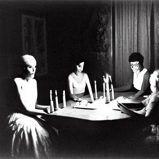 Prompt: a seance in a dark room, photo still