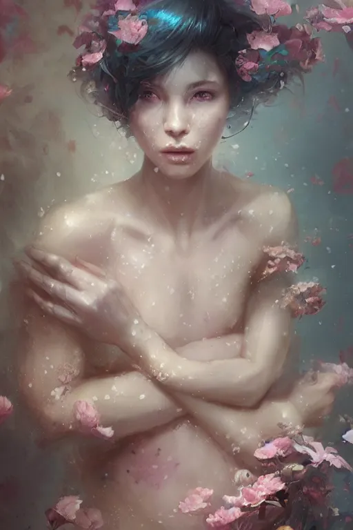 Image similar to face closeup a young beautiful girl drowned in water, underwater photography, swimming, 3 d render, hyper realistic detailed portrait, holding magic flowers, ruan jia, wlop. scifi, fantasy, hyper detailed, octane render, concept art, by peter mohrbacher, by wlop, by ruan jia