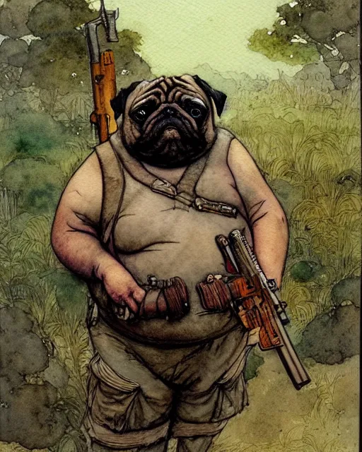 Image similar to a realistic and atmospheric watercolour fantasy character concept art portrait of a fat adorable dirty chibi pug wearing a wife beater and holding a rifle, by rebecca guay, michael kaluta, charles vess and jean moebius giraud
