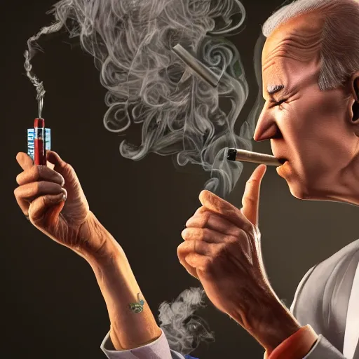 Image similar to joe biden smoking a vape pen in her right hand | smoke coming out of her mouth, artstation, 4 k