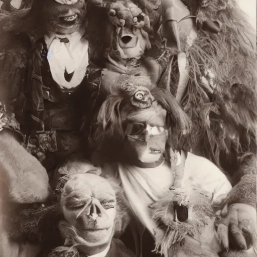 Image similar to zombie fraggle rock muppets, family photo of zombie muppets, photo from the 7 0 s