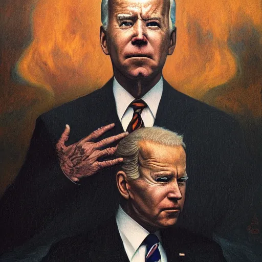 Image similar to terrifying, surreal portrait of joe biden standing up to his shoulders in turbulent, shadowy water by j. c. leyendecker, bosch, william blake, stephen gammell, jon mcnaughton, and beksinski