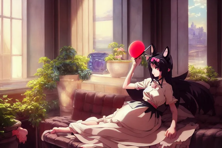 Image similar to baroque oil painting of anime key visual concept art of anime maid with cat ears lying down on sofa, soft lighting, new york apartment, potted plants, big window, trending on artstation, brush strokes, oil on canvas, style of makoto shinkai and greg rutkowski and studio ghibli