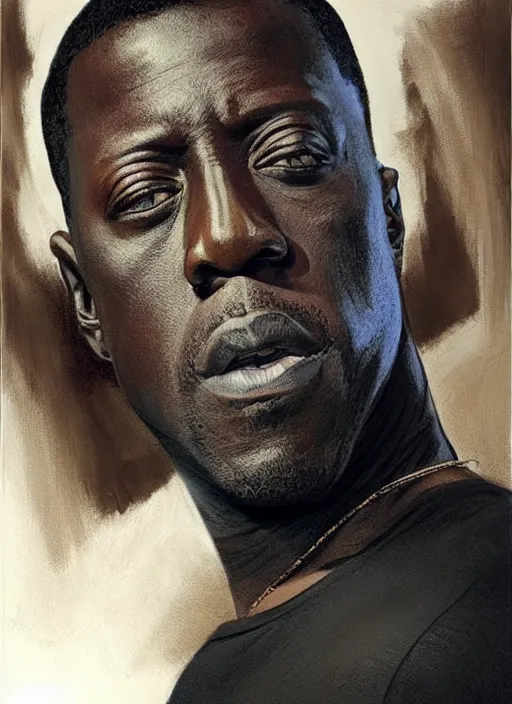 Prompt: wesley snipes as handsome man, wearing a simple black vest and white shirt, centered, digital painting, artstation, concept art, smooth, sharp focus, illustration, art by artgerm and donato giancola