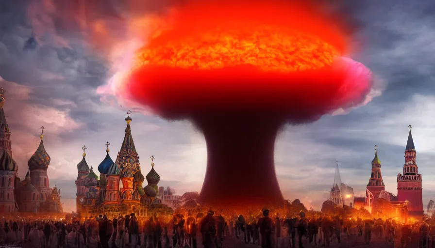 Image similar to a big nuclear explosion with realistic nuclear mushroom in Red Square Kremlin, dramatic lighting, cinematic, extremely high detail, photo realistic, cinematic lighting, post processed, concept art, artstation, matte painting, unreal engine 8k