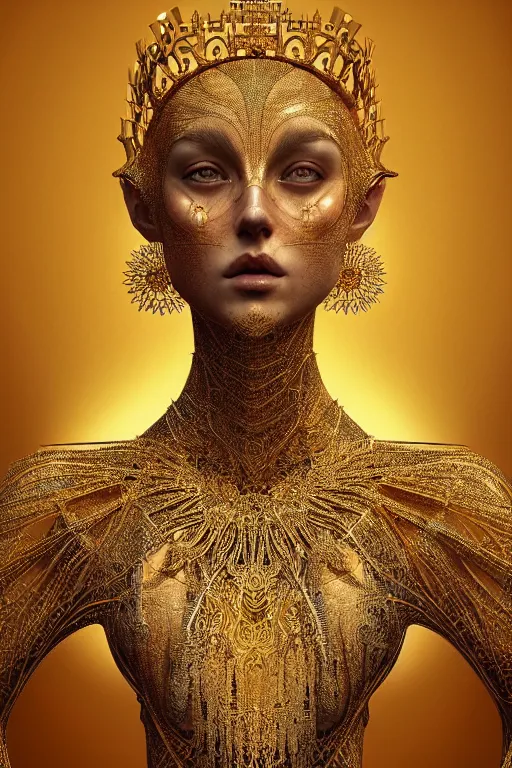 Prompt: portrait of a ancient queen, perfect symmetrical pose, beautiful eyes, perfect face, sharp, by irakli nadar with intricate detailed wearing golden intricate dress, by leesha hannigan, iris van herpen, artstation, cgsociety, wlop, epic, wow factor, much detail, gorgeous, detailed, masterpiece