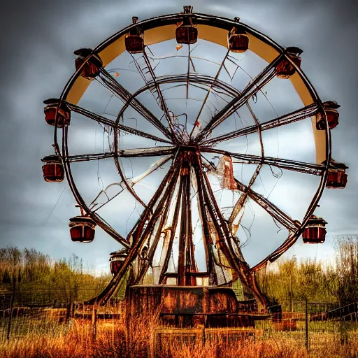 Image similar to an old abandoned rusty ferris wheel, in a town filled with pale yellow mist. Dystopian. Award-winning colored photo. OM system 12–40mm PRO II 40mm, 1/100 sec, f/2 8, ISO 800