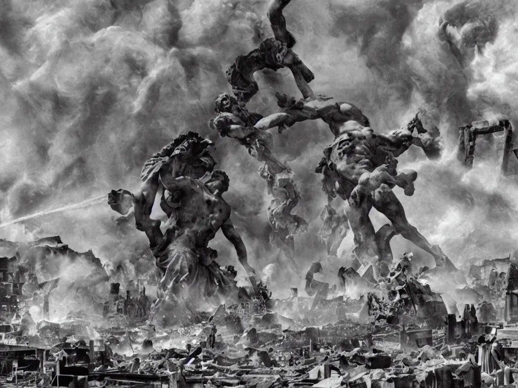 Image similar to giant greek statues attacking a city, city destruction ruins, debris flying around, swirls of fire