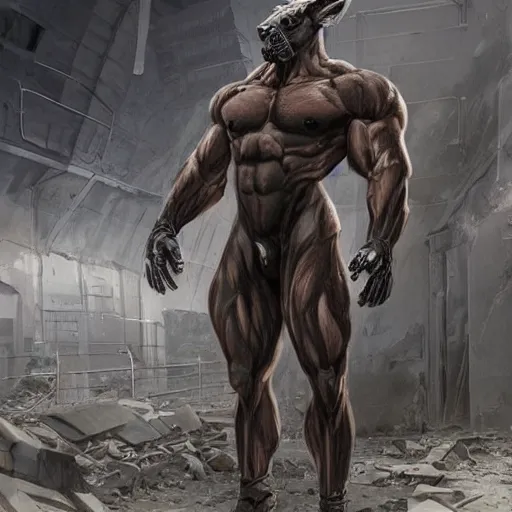 Image similar to a hyper - muscular anthro horse wearing a tactical bodysuit standing in the ruins of a facility, equine, magnificently muscular physique, dynamic pose, highly detailed, digital painting, artstation, concept art, illustration by artgerm, greg rutkowski