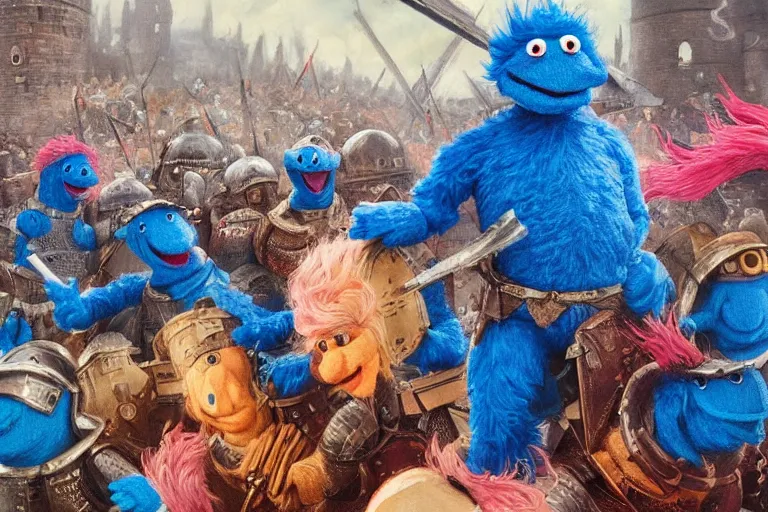 Prompt: big dumb blue giant with pink fire hair, wearing simple blue armour, leading an army of small blue muppets in a siege against a medieval red muppet city. oil painting.