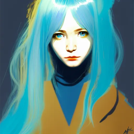 Prompt: a girl with long sky blue hair, gold eyes, amber eyes, boyish face, professional digital painting, wild brush strokes, concept art, award - winning photography, cinematic, wlop, color block, pop, hip, art by andy warhol, pixiv art, yoshitaka amano