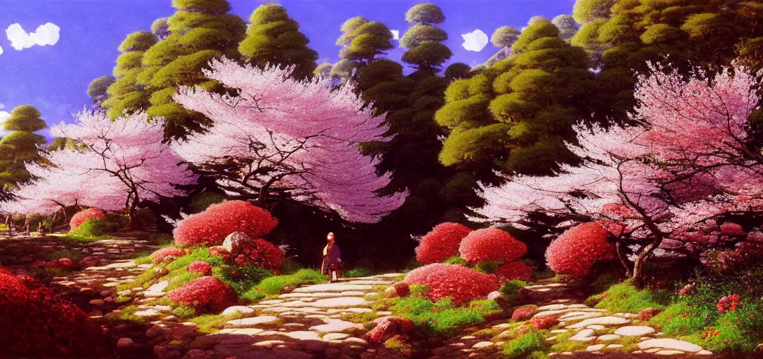 Image similar to ghibli illustrated background of a trail leading through a strikingly beautiful landform with strange rock formations and red water, purple flowers and cherry blossoms by vasily polenov, eugene von guerard, ivan shishkin, albert edelfelt, john singer sargent, albert bierstadt 4 k