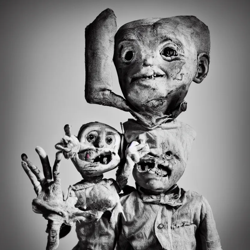 Image similar to creepy ventriloquist dummy in the style of roger ballen, 4 k, bw, portrait