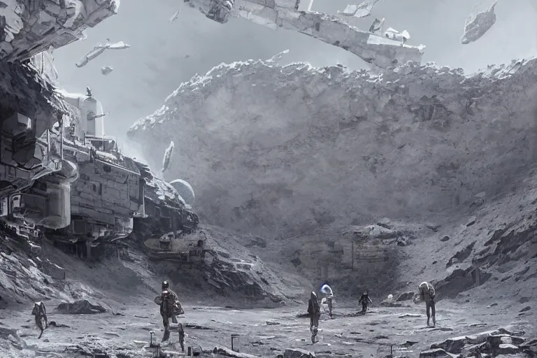 Prompt: cinematic image of a large lunar base inside a crater, brutalist architecture, 1950s sci-fi, art by greg rutkowski and ruan jia and Daytoner