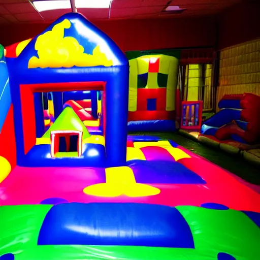 Image similar to a darkly lit indoor playplace bounce house photo taken with a deposable camera, limital space