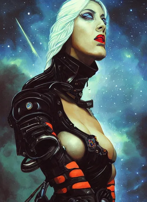 Image similar to portrait of female space pirate, night sky background, beautiful! coherent! by brom, deep color, strong line, high contrast