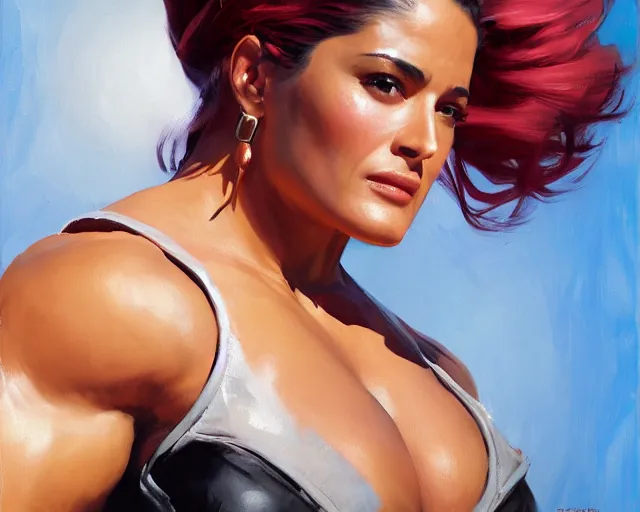 Prompt: greg manchess portrait painting of smug salma hayek as beautiful thick female bodybuilder zarya from overwatch, medium shot, asymmetrical, profile picture, organic painting, sunny day, matte painting, bold shapes, hard edges, street art, trending on artstation, by huang guangjian and gil elvgren and sachin teng