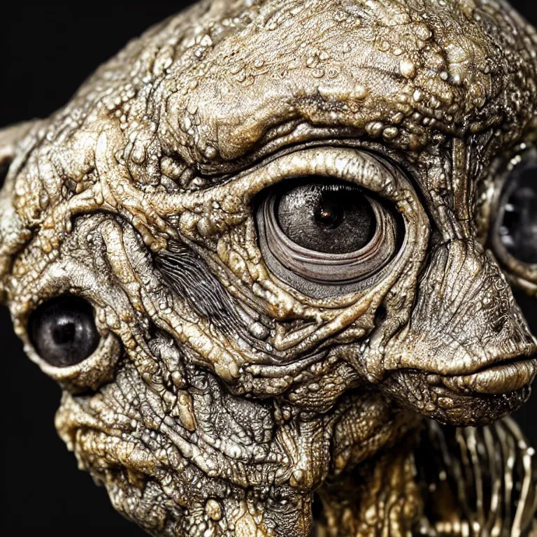 Prompt: photo taken of an epic intricate, ultra detailed, super realistic gritty, wet, lifelike sculpture of am alien grey creature created by weta workshop, zoomed in shots, sublime subsurface scattering, photorealistic, sharp focus, white wall coloured workshop, cold colour temperture, f 0. 4, face centred, golden ratio, golden hour