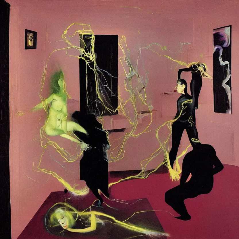 Image similar to One man and one woman attached by love in a living room of a house, floating dark energy surrounds the middle of the room. There is one living room plant to the side of the room, surrounded by a background of dark cyber mystic alchemical transmutation heavenless realm, cover artwork by francis bacon and Jenny seville, midnight hour, part by adrian ghenie, part by jeffrey smith, part by josan gonzales, part by norman rockwell, part by phil hale, part by kim dorland, palette knife texture, smudged paint, muted cold colors, artstation, highly detailed