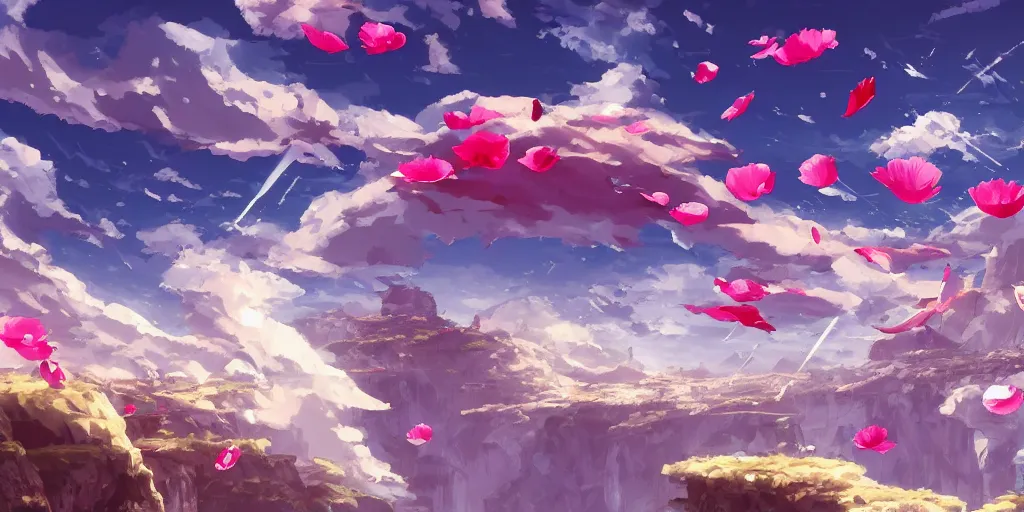 Prompt: background art of flying longswords flowing and floating through the slicing through directional wind on a simple cloudy sky background featuring a canyon bridge, big puffy clouds, large individual rose petals, lotus petals, angular background elements, large polygonal fragments, anime, studio ghibli, artgerm, manga, trending on artstation, art nouveau, mature color scheme