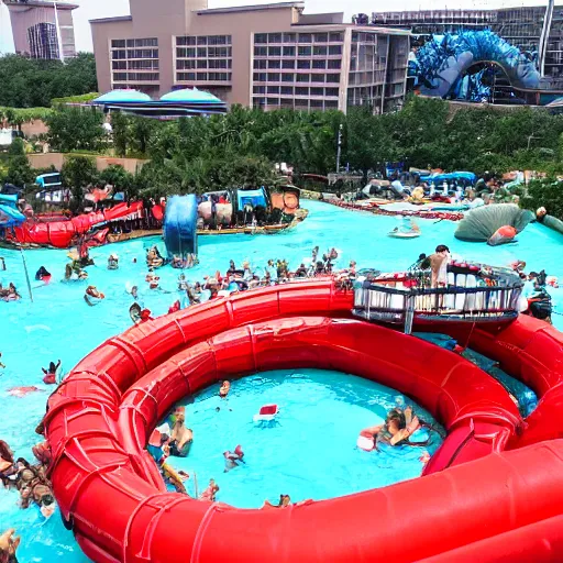 Image similar to the ugliest 1 star waterpark in the world with red dark water filled with trash, cracked broken slides, crowded,