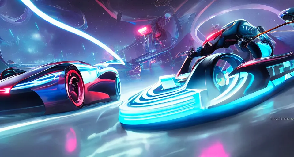 Prompt: dream tron tesla light cycle race, hot wheels, wipe out, hyper realistic, concept art, smooth, high contrast, volumetric lighting, octane, raytrace, syd mead, artgerm, jim lee,