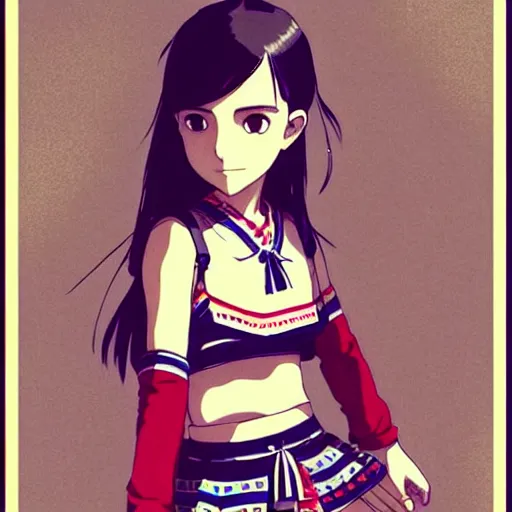 Image similar to a beautiful! boyish! natalie portman alluring gravure! model, wearing japanese school girl outfit with mayan pattern and native style, aztec street fashion, gapmoe yandere grimdark, trending on pixiv fanbox, painted by greg rutkowski makoto shinkai takashi takeuchi studio ghibli, akihiko yoshida