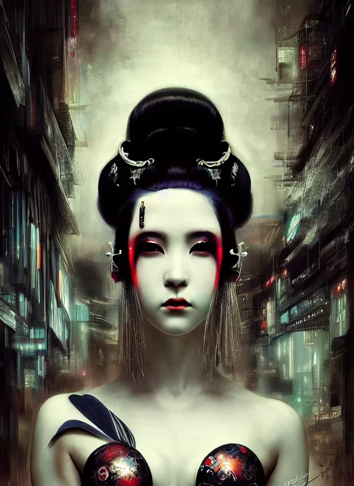 Image similar to portrait of a seductive cyberpunk latex geisha, modern fine art, fractal, in the style of ghosts in the machine, intricate ornaments, elegant, highly detailed, digital photography, subsurface scattering, by greg rutkowski,