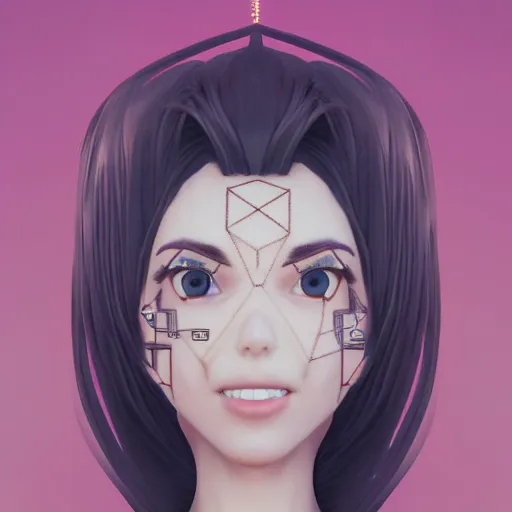 Image similar to full body character, beautiful anime woman smiling, symmetrical eyes, symmetrical face, symmetrical nose, tattooed, geometric lighting : : octane render, 8 k resolution, high quality, digital art, fantasy