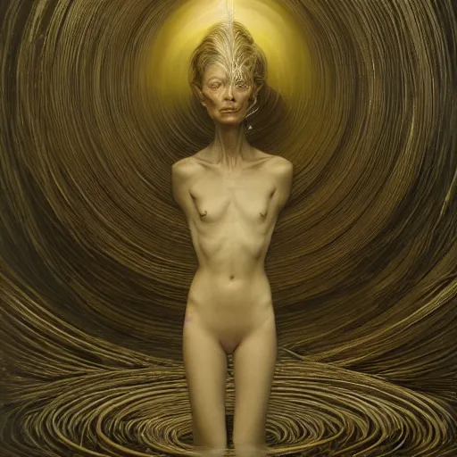 Image similar to Woman masterpiece, Tilda Swinton, yellow, golden halo behind her head, wires everywhere, by Edgar Maxence and Ross Tran, Zdzisław Beksiński, and Michael Whelan, distant, gustav dore, H.R. Giger, 8k, octane render