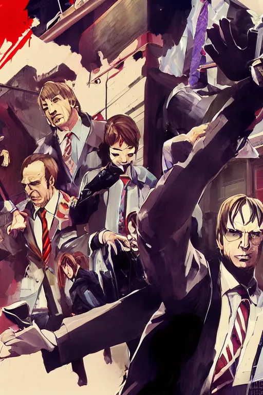 Image similar to better call saul illustration by shigenori soejima, persona, concept art