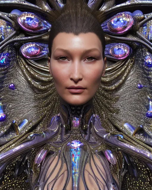 Image similar to a highly detailed metahuman 4 k close up render of an alien goddess bella hadid as alien in iris van herpen dress schiaparelli in diamonds crystals swarovski and jewelry iridescent in style of alphonse mucha gustav klimt trending on artstation made in unreal engine 4