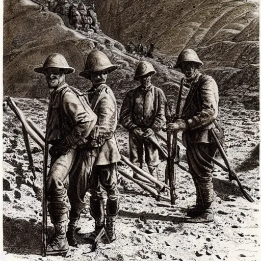 Image similar to ultra detailed photorealistic sepia - toned line drawing from 1 9 1 7, three british soldiers standing at an archaeological dig site in wadi rum, ultra realistic, painted, intricate details, lovecraft, atmospheric, dark, horror, brooding, highly detailed, by clyde caldwell