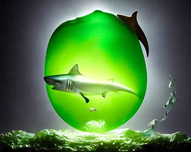 Prompt: 5 5 mm photo of a large translucent backlit green grape with a shark swimming inside. magical atmosphere. art by greg rutkowski. highly detailed 8 k. intricate. lifelike. soft light. nikon d 8 5 0.