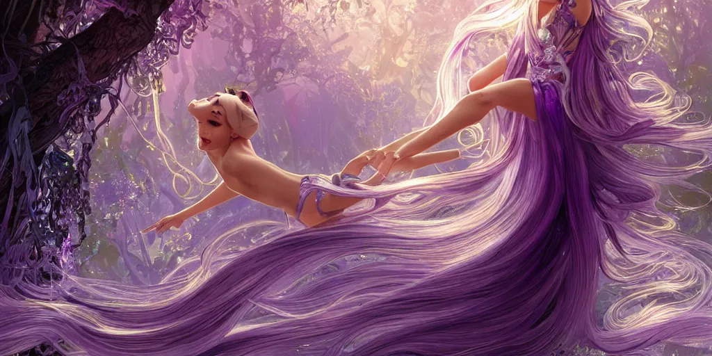 Image similar to wide angle, opalescent purple panther, metallic silver and ice color reflected crystal hair, leaping from babaob tree, fantasy, intricate, very beautiful, elegant, golden light, highly detailed, digital painting, artstation, concept art, smooth, sharp focus, unreal engine, art by wlop and tian zi and alphonse mucha