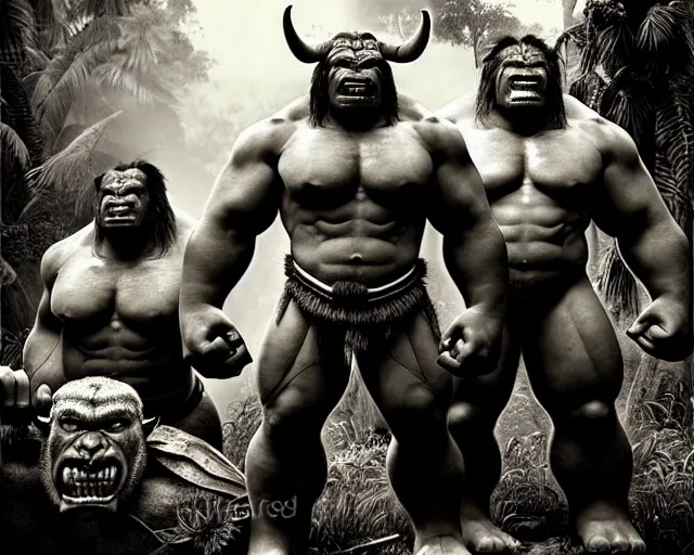 Image similar to hyper realistic group vintage photograph of a live action warcraft orc warrior tribe in the jungle, tall, hulk like physique, detailed faces, tribal paint, tribal armor, grain, old, monochrome, sepia toned, realistic lighting, wide angle