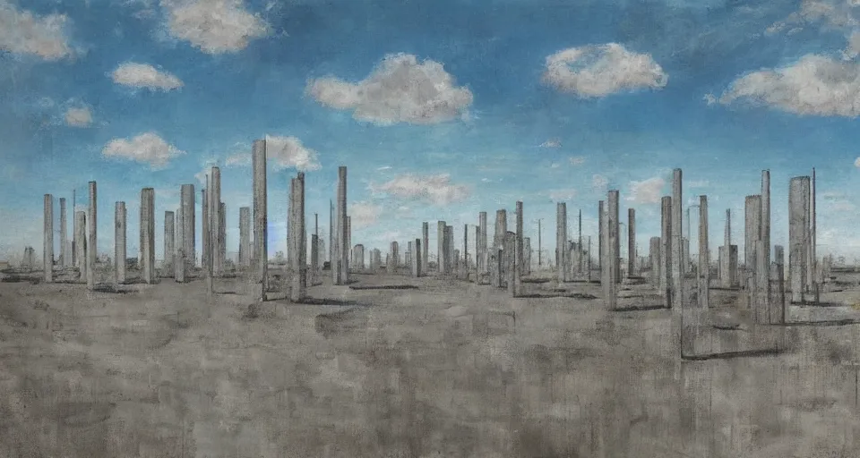 Image similar to world of only concrete, a flat endless plane of concrete covered in thin, very tall concrete pillars talk enough to go above the frame that go on to the horizon, open sky, but sparse vegetation is returning to the world, growing in the concrete, blue sky with clouds, god rays, beautiful painting, oil on canvas, by Ewa Czarniecka, award winning masterpiece,