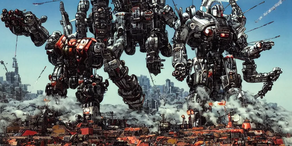 Prompt: a warrior climbing into a giant fighting robot by katsuhiro otomo, neotokyo, 4 k